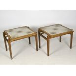 A pair of Retro tile topped Teak occasional tables, on pegged tapering supports,