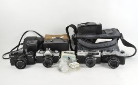 A selection of vintage cameras to include Practica and Minolta examples.