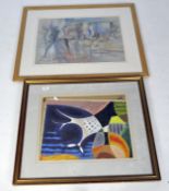 Two modern pictures including an abstract gouache on paper and a pastel drawing of a ballet class,