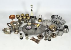 An assortment of silver plated and metal wares, to include a three piece tea set, goblets,
