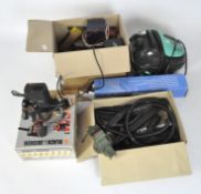 A box of mixed tools and a Morphy Richards Grime Buster steamcleaner 2200,