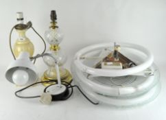 A quantity of lamps and light fittings, including two table lamps,