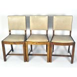 Three oak dining chairs with beige drop in vinyl seats,