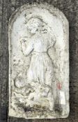 A stone wall plaque with relief of a girl kneeling on a rock with a jug,