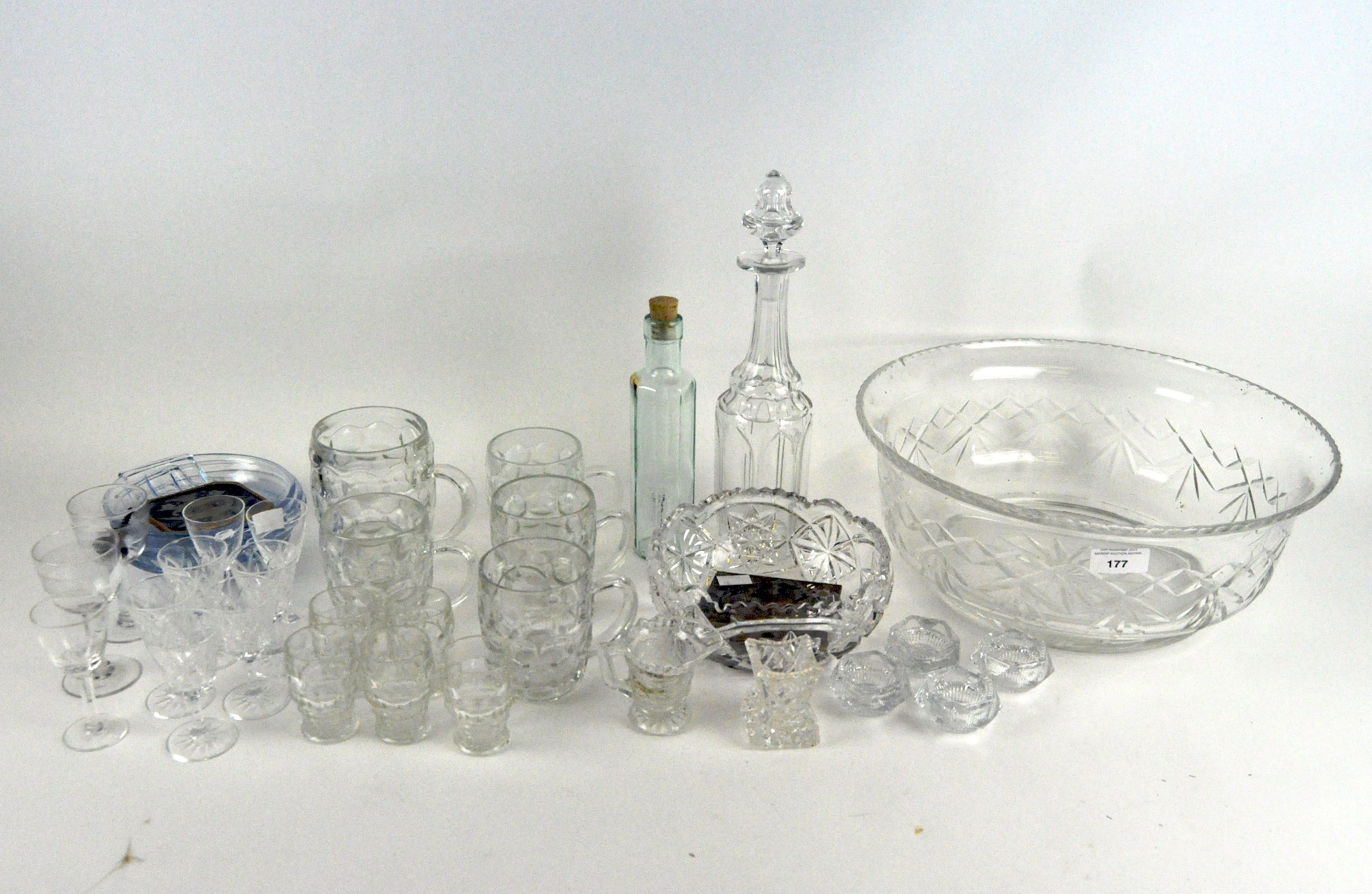 A large cut glass bowl, and other items