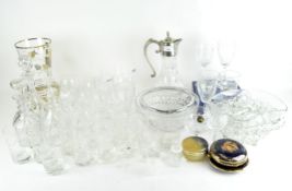 A large selection of assorted glassware, including wine glasses, ships decanter,
