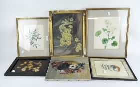 Two oil on canvas still lives, three botanical watercolours and prints and Japanese Shibayama panel