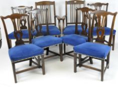 A set of six early 20th century dining chairs, pierced backs with blue upholstery, height 95cm,