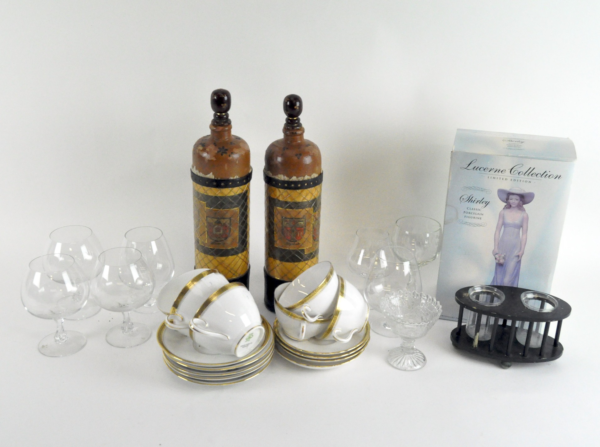 A set of six Tuscan china bouillon cups, together with wine glasses, a drink holder and more