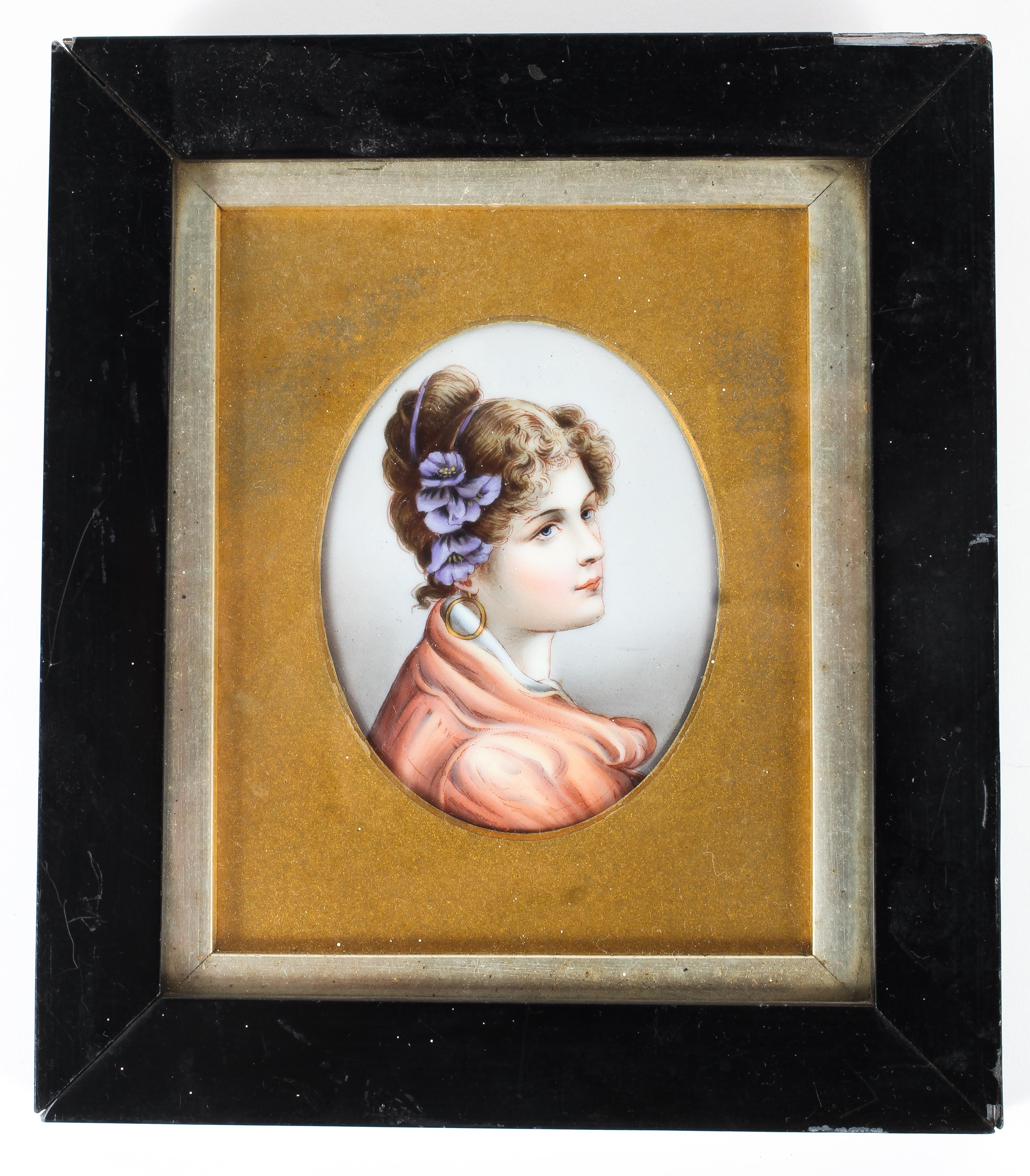 A Continental porcelain oval portrait plaque of a young lady, late 19th century, in glazed frame, - Image 2 of 2