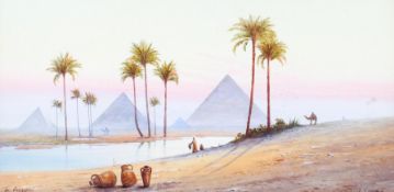 L. Simora (Egyptian School, 20th century), The Pyramids, watercolour