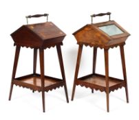 A Victorian rosewood workbox on stand and a glass fronted bijouterie table similar,