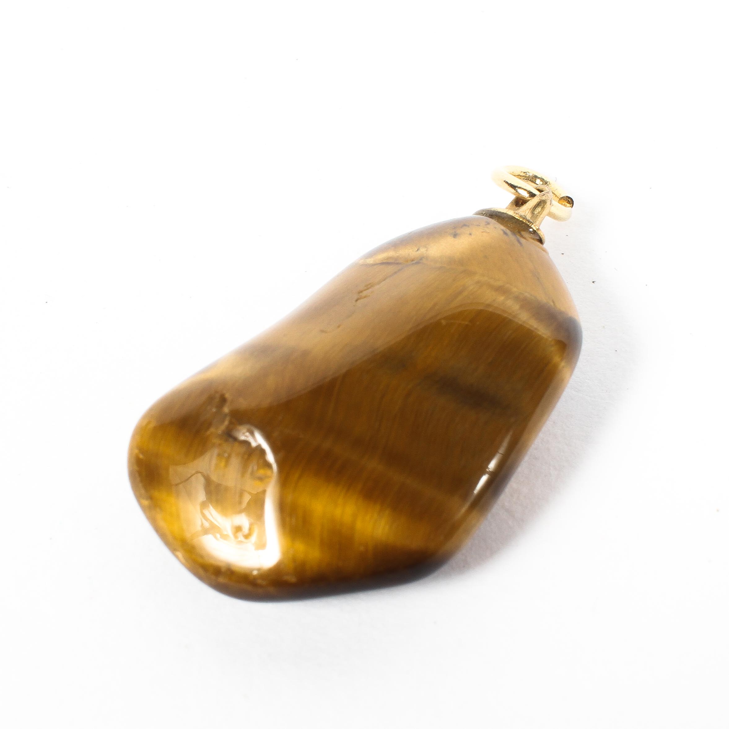 A tigers eye pendant on unmarked yellow metal bale.