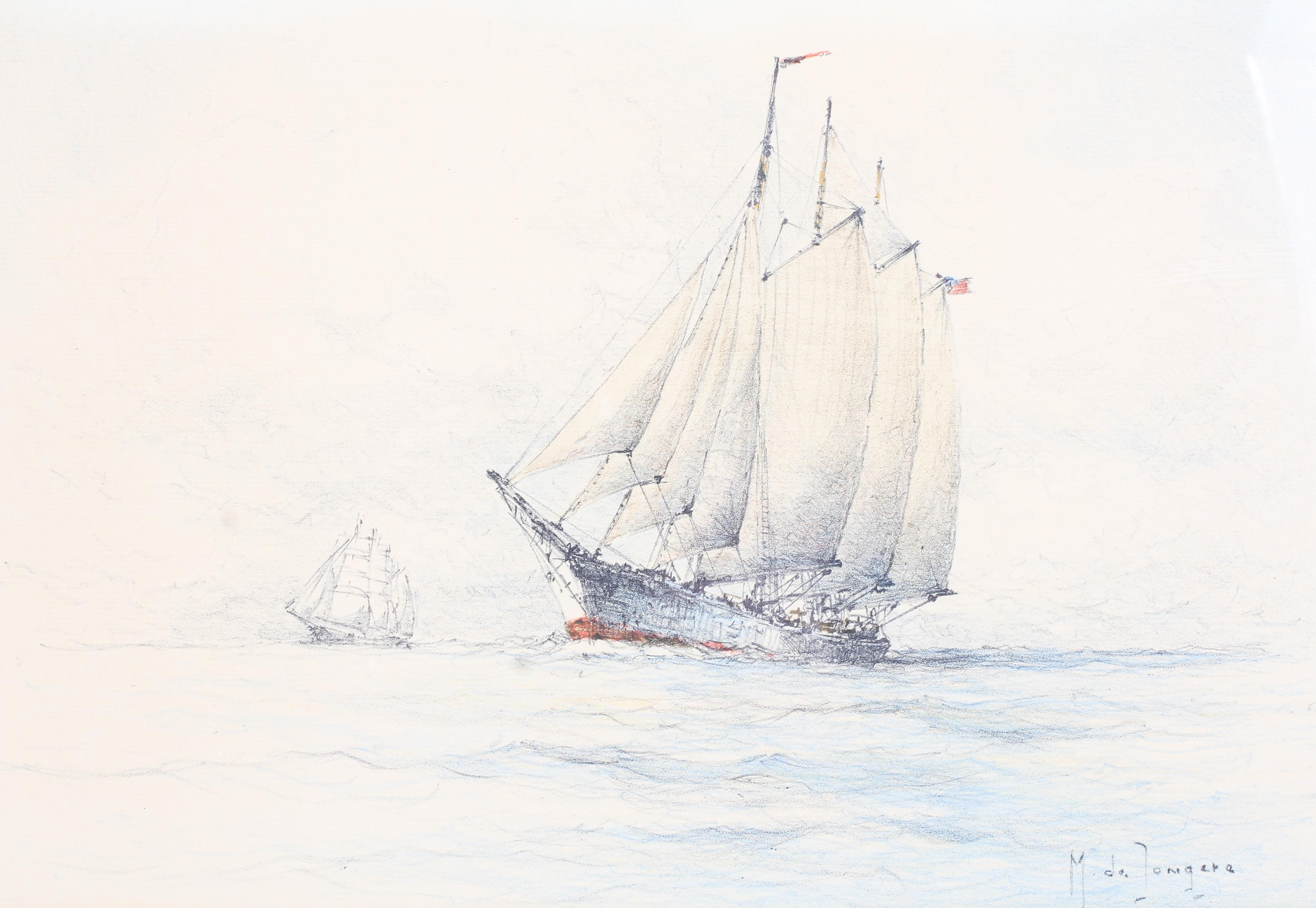 Two Marinus Johannes Drulman (de Jongere) (Dutch 1912-1977) charcoal and pastel drawings of ships - Image 3 of 3