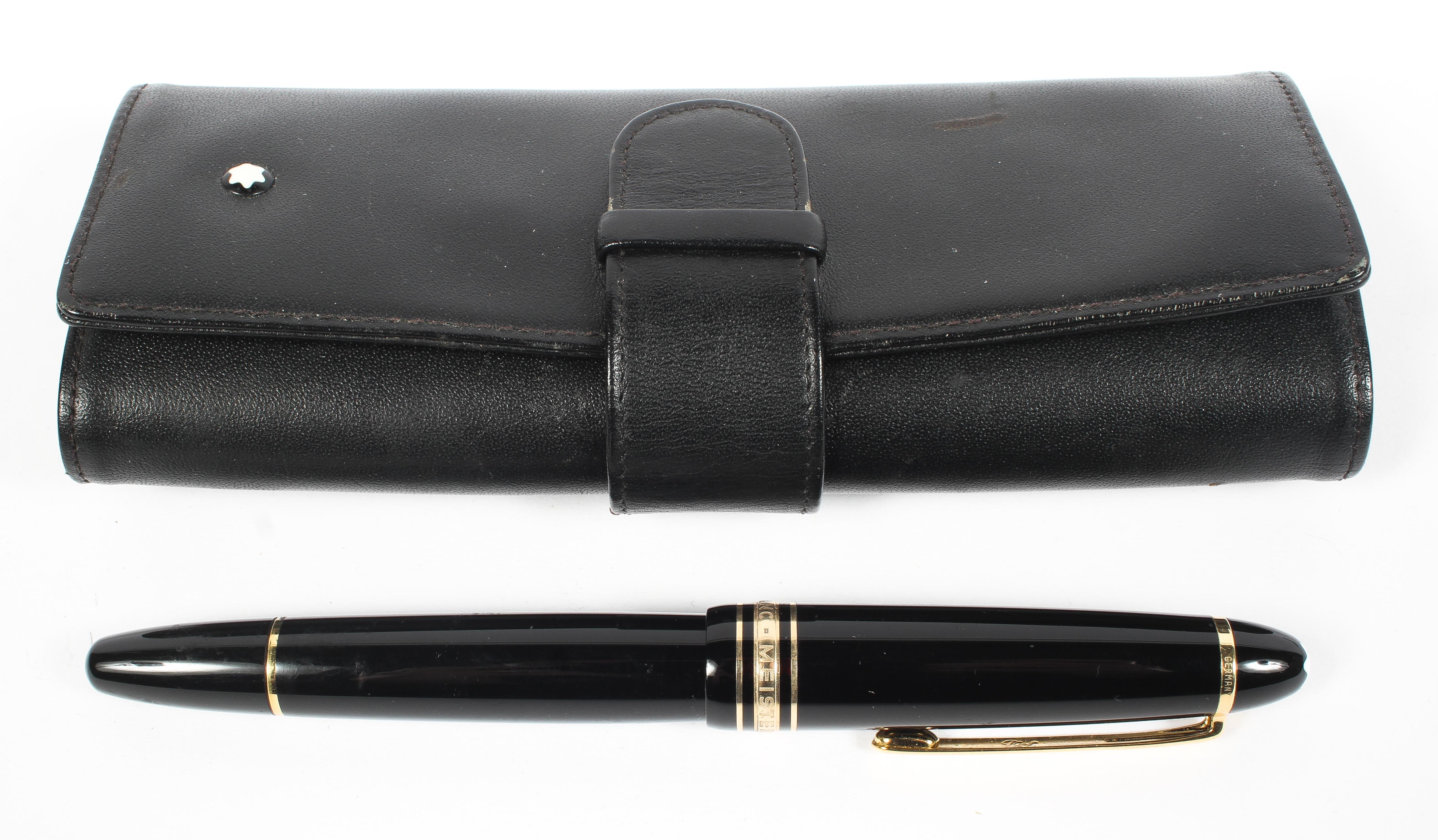 A Mont Blanc Meisterstuck fountain pen with Mont Blanc protective leather wallet/pouch.