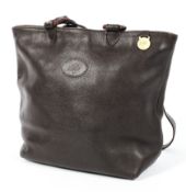 A Mulberry soft dark brown leather tote handbag, the tartan lined interior with gilt label,