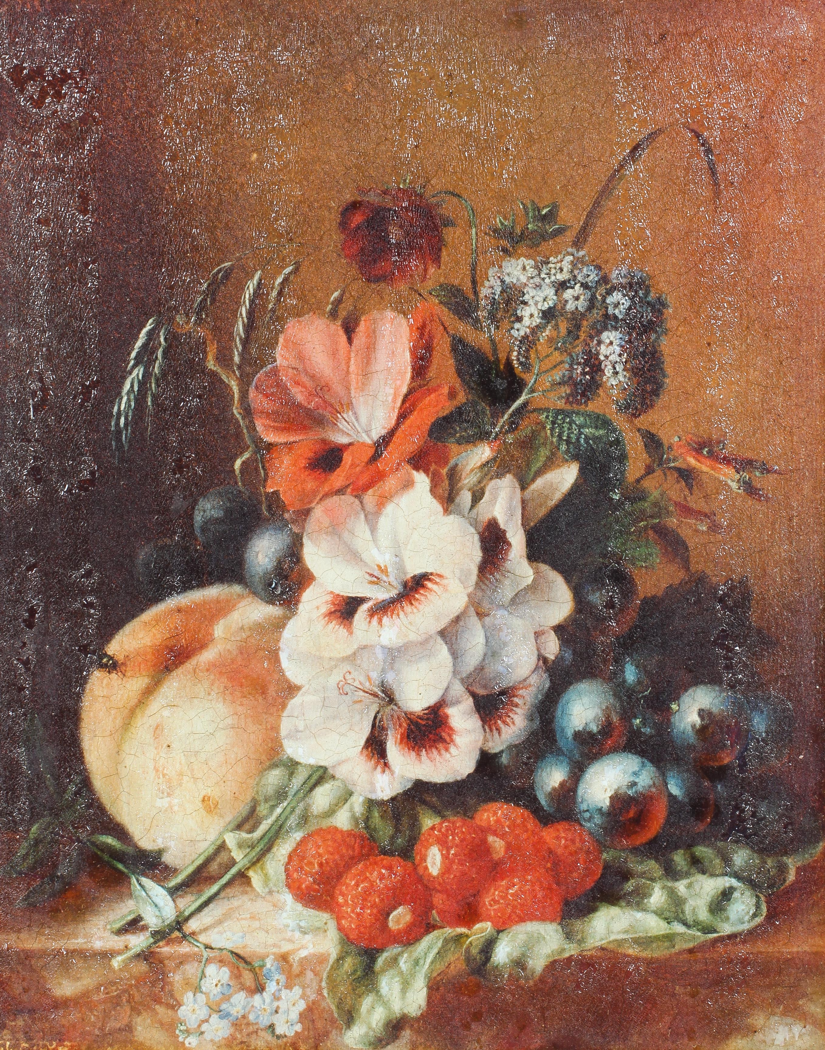 A 20th century oil on canvas, depicting a still life of fruit and flowers, 65cm x 56cm,