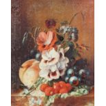 A 20th century oil on canvas, depicting a still life of fruit and flowers, 65cm x 56cm,
