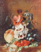 A 20th century oil on canvas, depicting a still life of fruit and flowers, 65cm x 56cm,