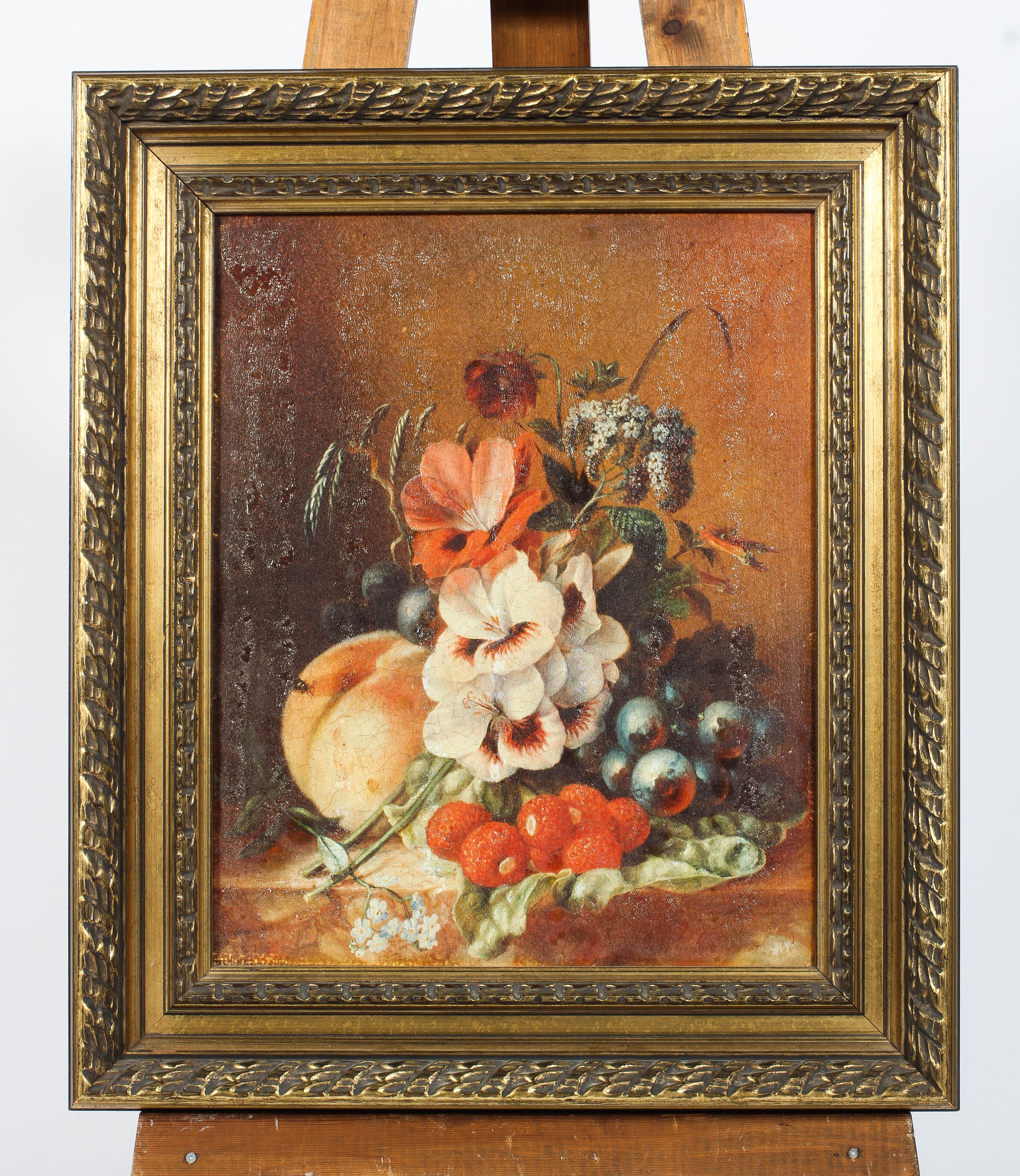 A 20th century oil on canvas, depicting a still life of fruit and flowers, 65cm x 56cm, - Image 2 of 3