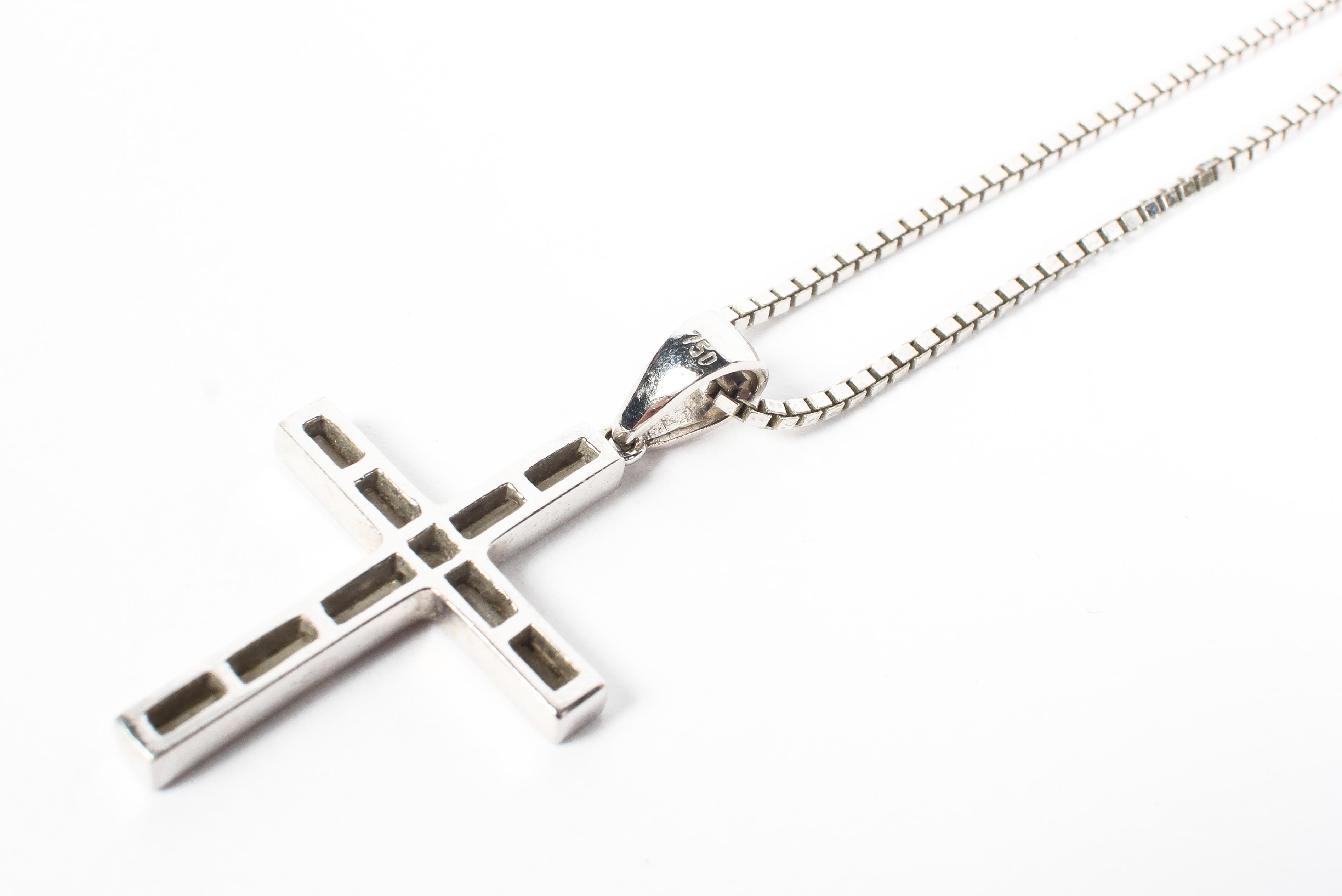 An 18ct white gold diamond set crucifix on 18ct gold box link necklace, - Image 3 of 3