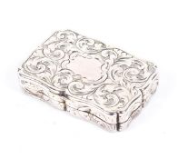 An early Victorian silver pocket snuff box with detailed chased scrolling foliate decoration,