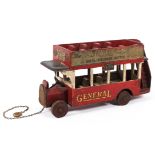 An early 20th century childs toy open top wooden bus. with original labels and paintwork.