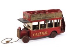 An early 20th century childs toy open top wooden bus. with original labels and paintwork.