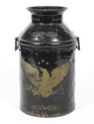 A USA Soldier's black painted galvanised food churn, circa 1850, gilt with the American Eagle,