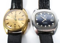 Two Tissot Seastar automatic gents wristwatches, one with squared blue dial,