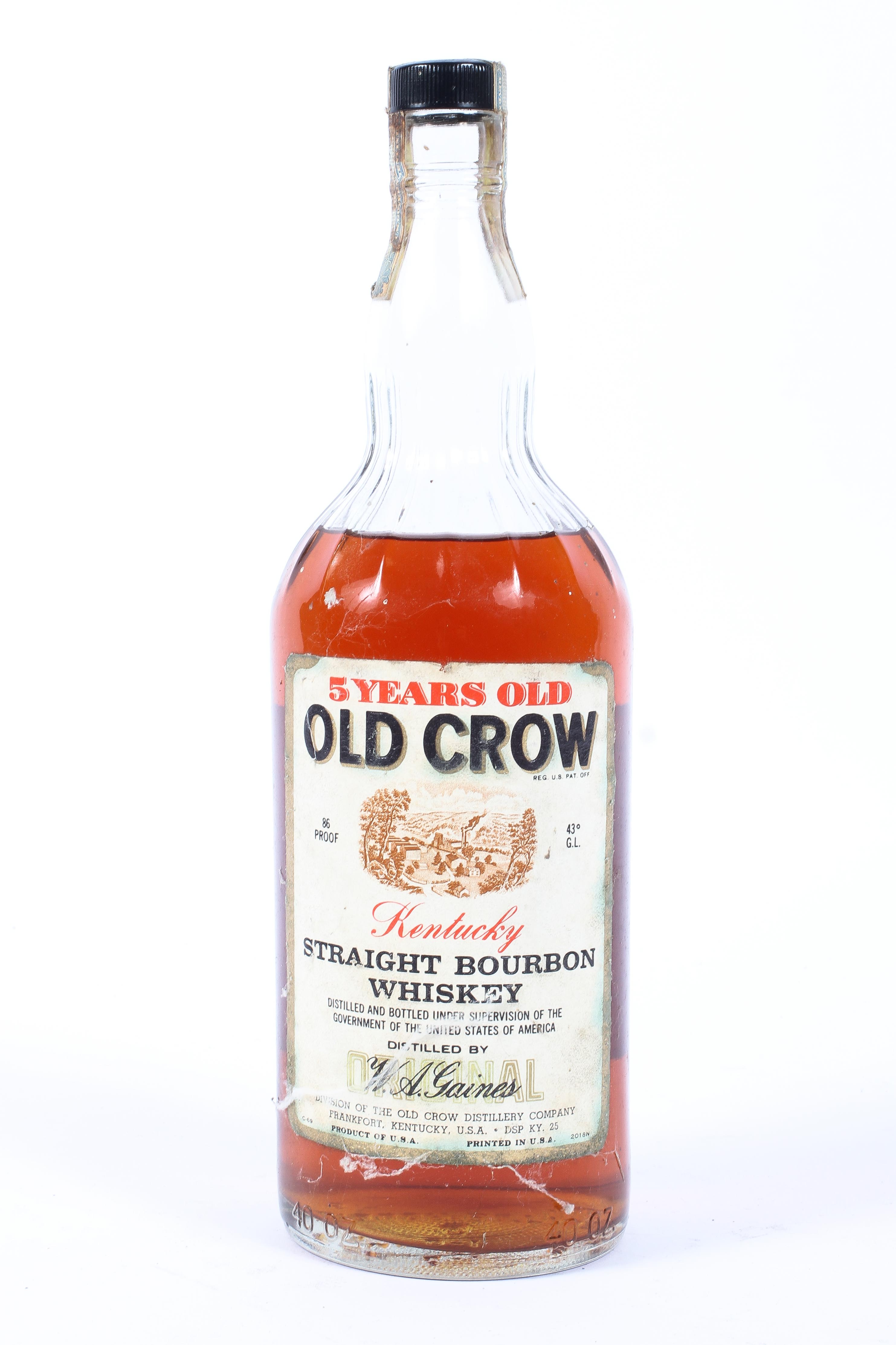 A single bottle of 5 year old Old Crow Kentucky straight Bourbon whiskey, 86 proof 43 gl,