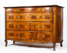 A Victorian walnut veneered inlaid serpentine chest of drawers,