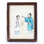 A Chinese 19th century rice paper painting, depicting two women with scrolls and a quill,