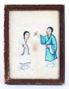 A Chinese 19th century rice paper painting, depicting two women with scrolls and a quill,