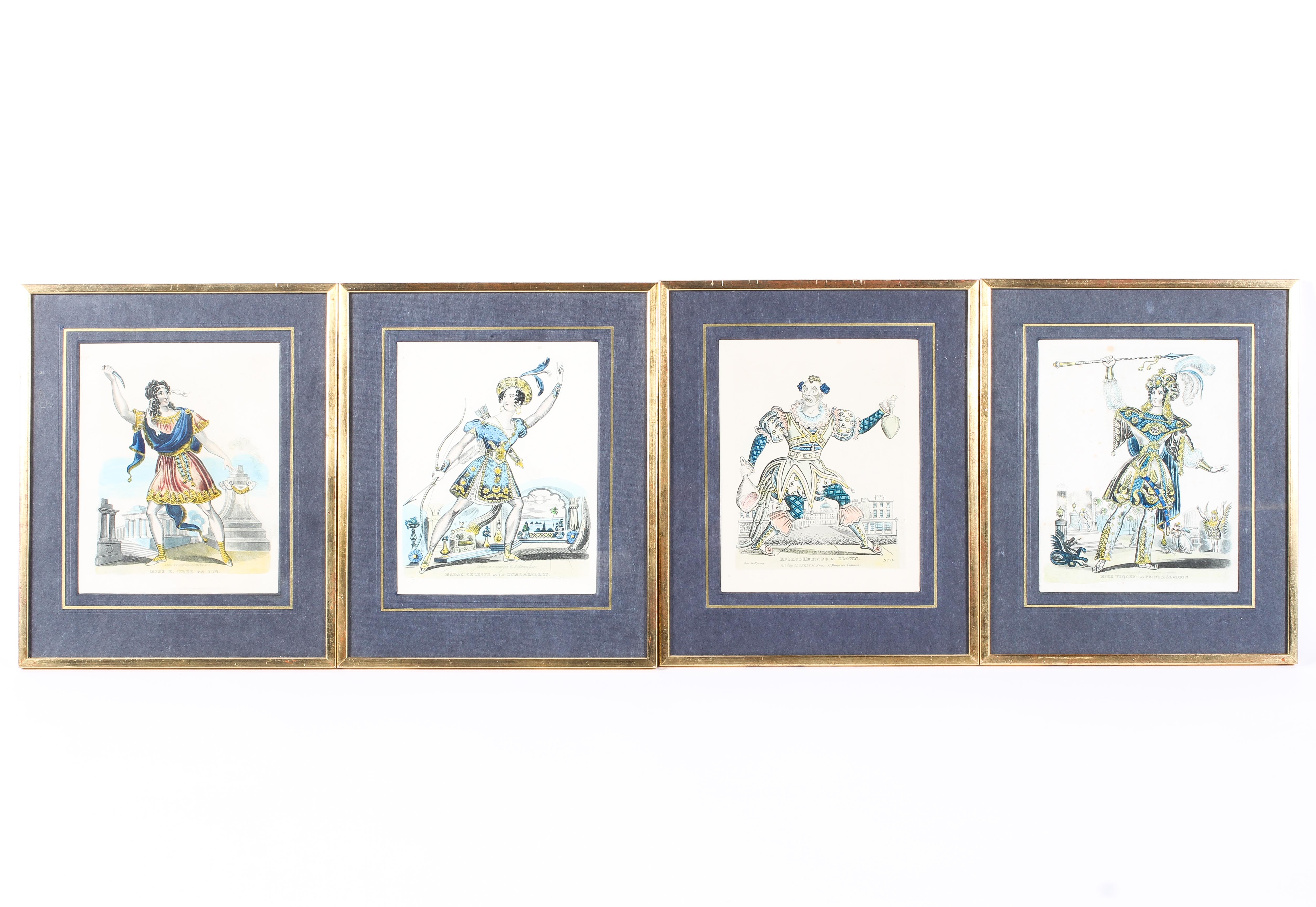 Four hand coloured theatrical engravings, 19th century,