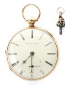 An 18ct gold cased open faced pocket watch.