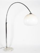 An Italian chrome adjustable arc lamp with square white marble base and Perspex shade.