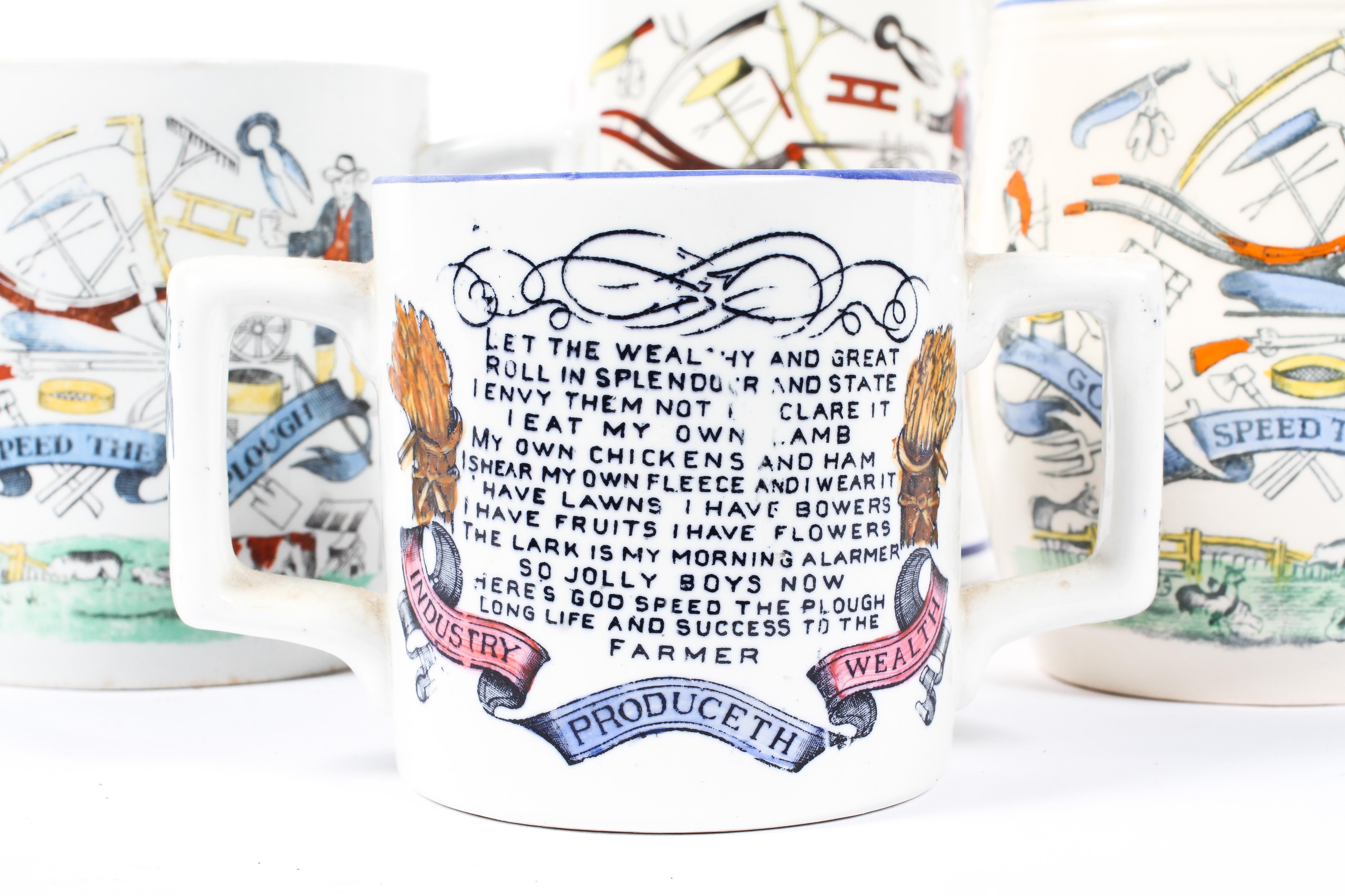 Six Staffordshire pottery mugs, including four 'God Speed the Plough' mugs, - Image 2 of 5