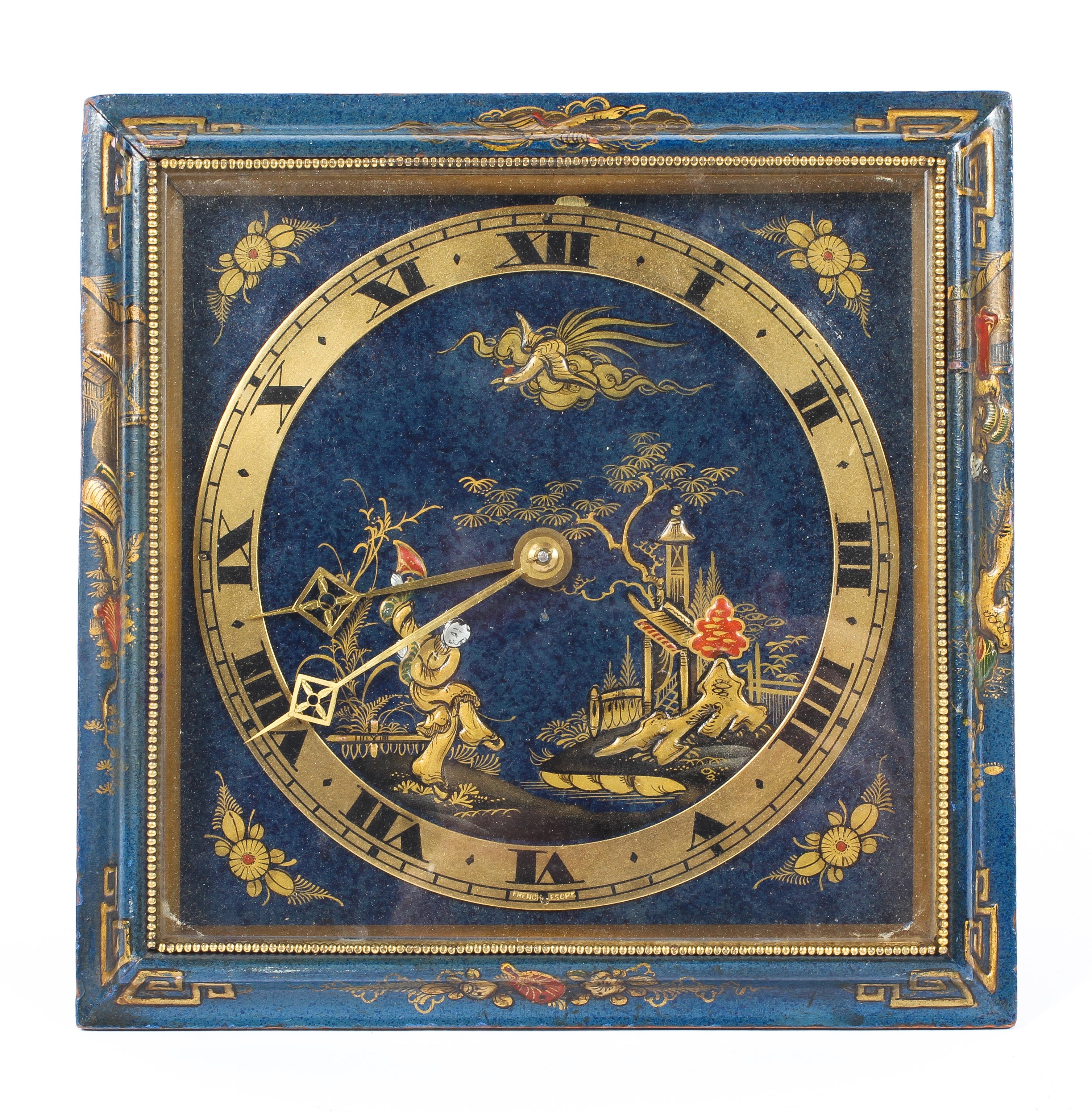 A chinoiserie blue lacquered clock, 20th century the gilt metal chapter ring with Roman numerals,