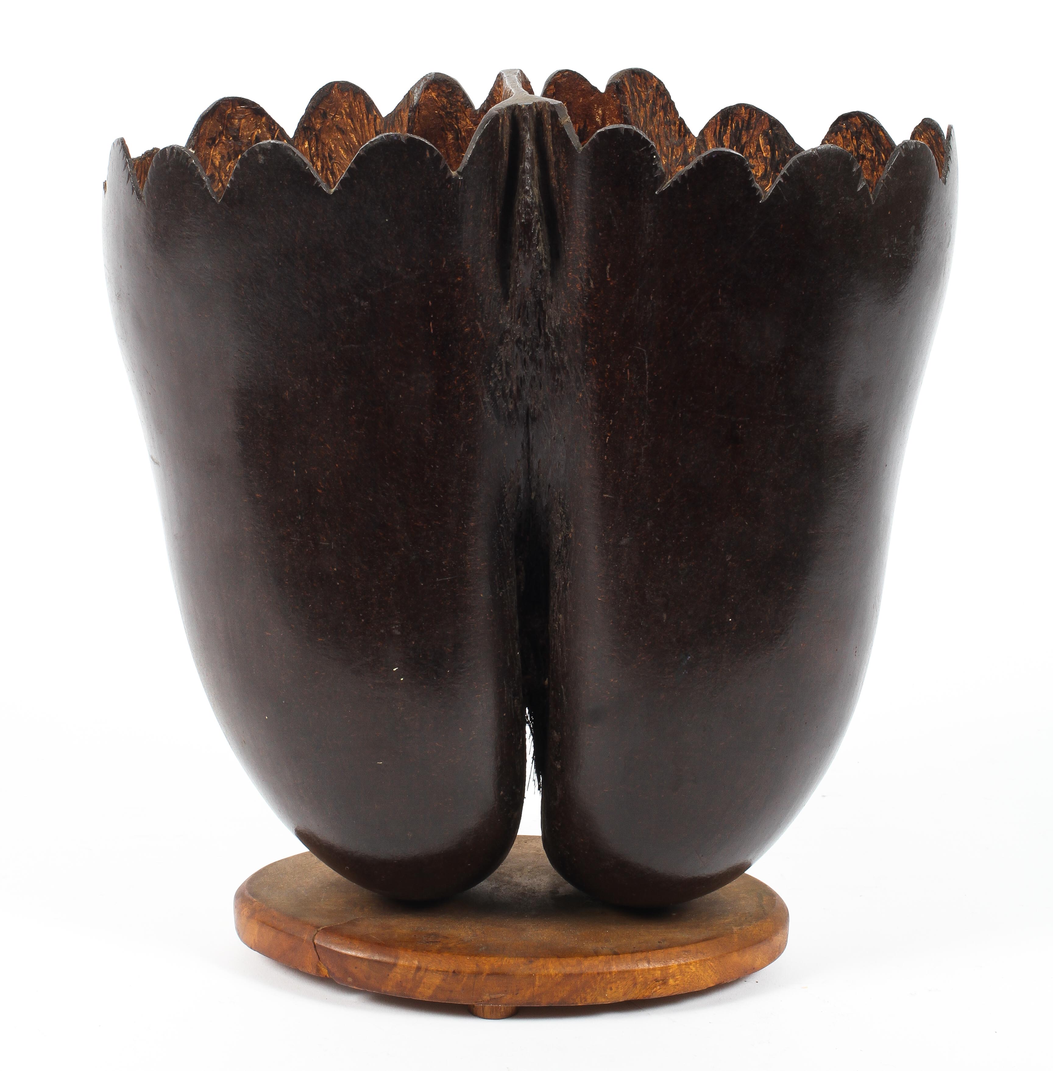 An early coco de mer nut, Lodoicea maldivica carved as a two section basket on oval stand. - Image 2 of 2