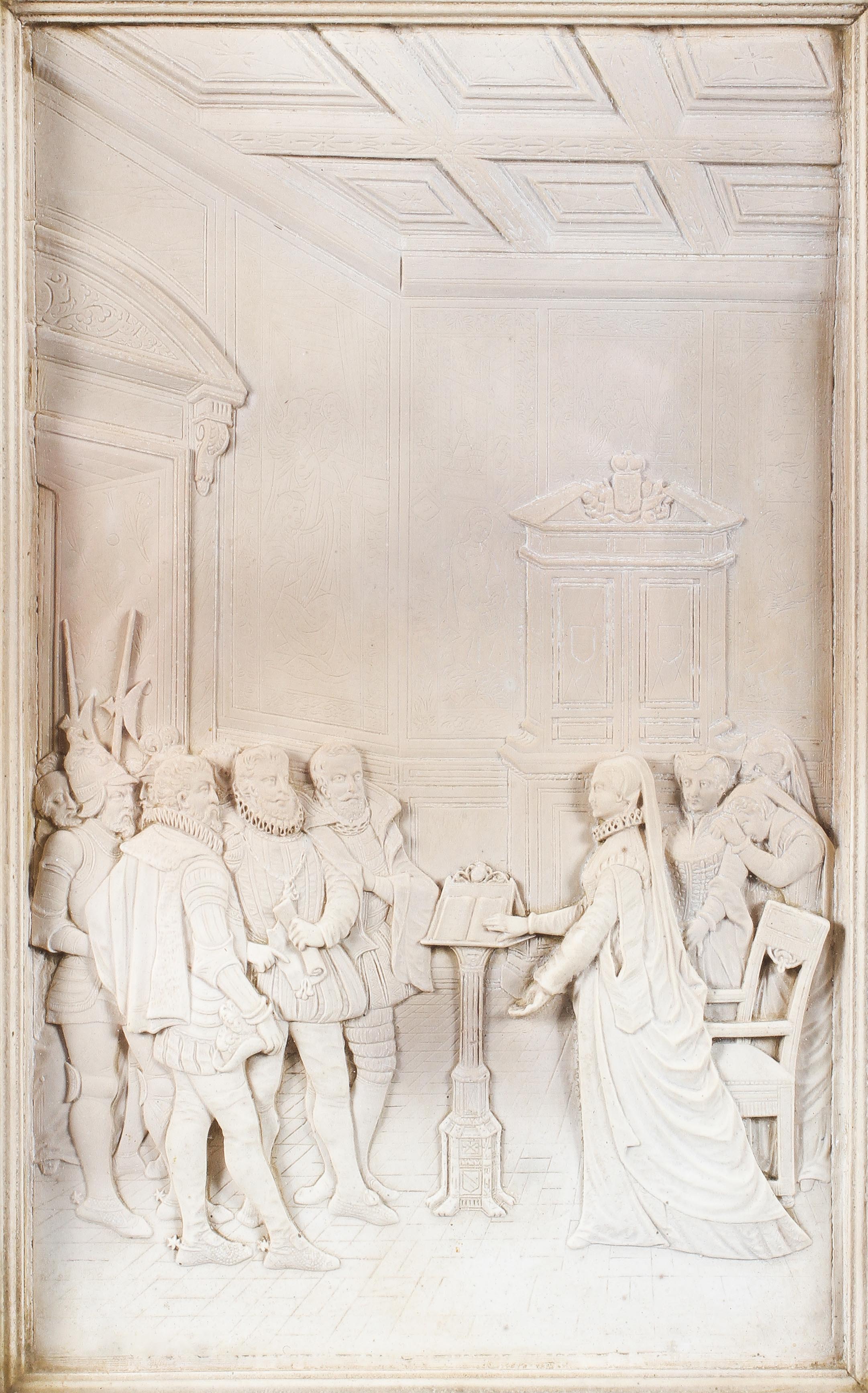 A Victorian white plaster relief moulded plaque depicting Mary Queen of Scotts and David Rizzio,