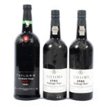 Three bottles of Taylors port, two 75cl bottle of 1985 Vintage port and one 100cl bottle 1991.