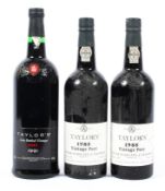 Three bottles of Taylors port, two 75cl bottle of 1985 Vintage port and one 100cl bottle 1991.