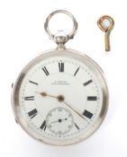 A late Victorian silver cased open faced pocket watch, retailed by E Meyer of Manchester,