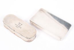 Two silver snuff boxes, one of rounded rectangular form, the other curved rectangular,