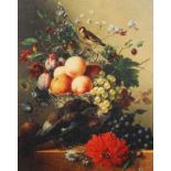 A lacquered print on canvas of a fruit and bird still life featuring a large jay bird in front of a