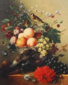 A lacquered print on canvas of a fruit and bird still life featuring a large jay bird in front of a