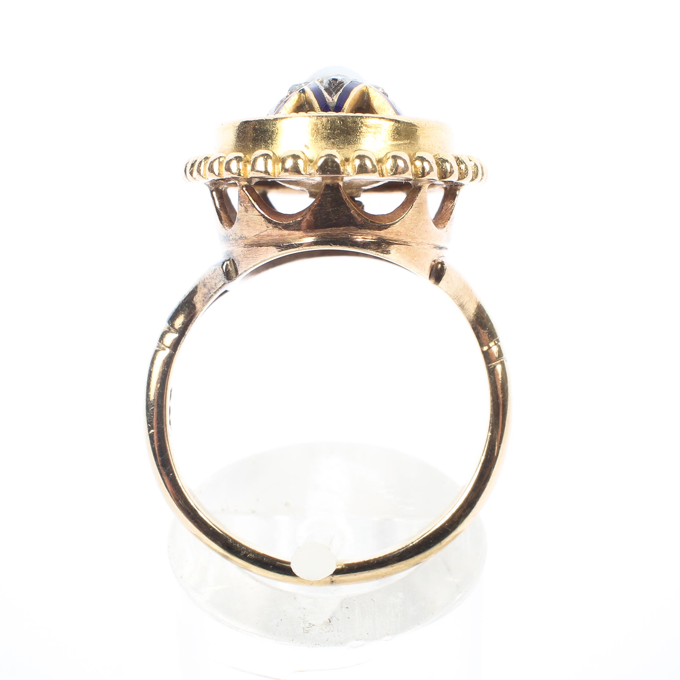 A Victorian 9ct gold ring, central pearl with a surround of rose cut diamonds and enamel detail. - Image 3 of 4