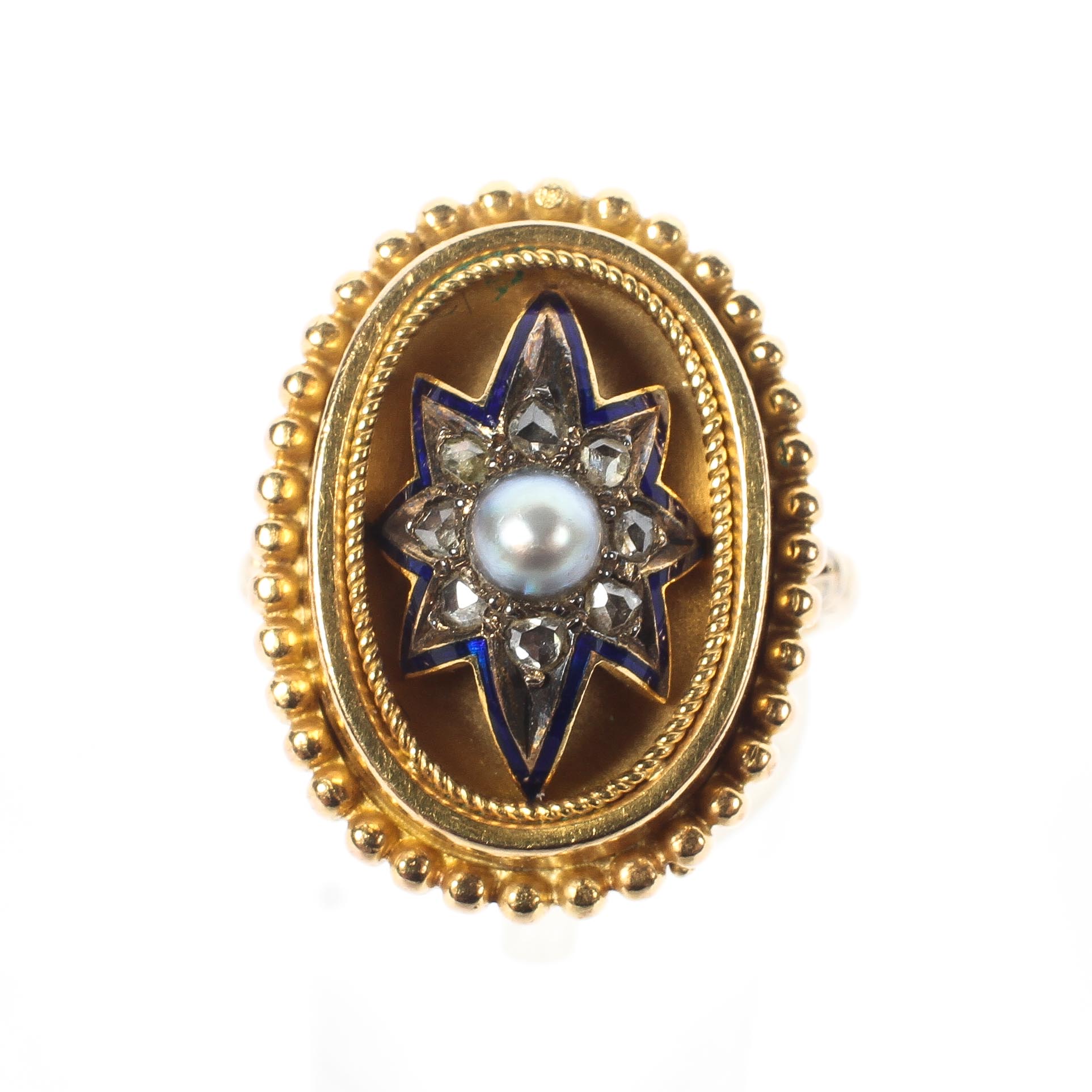 A Victorian 9ct gold ring, central pearl with a surround of rose cut diamonds and enamel detail. - Image 2 of 4