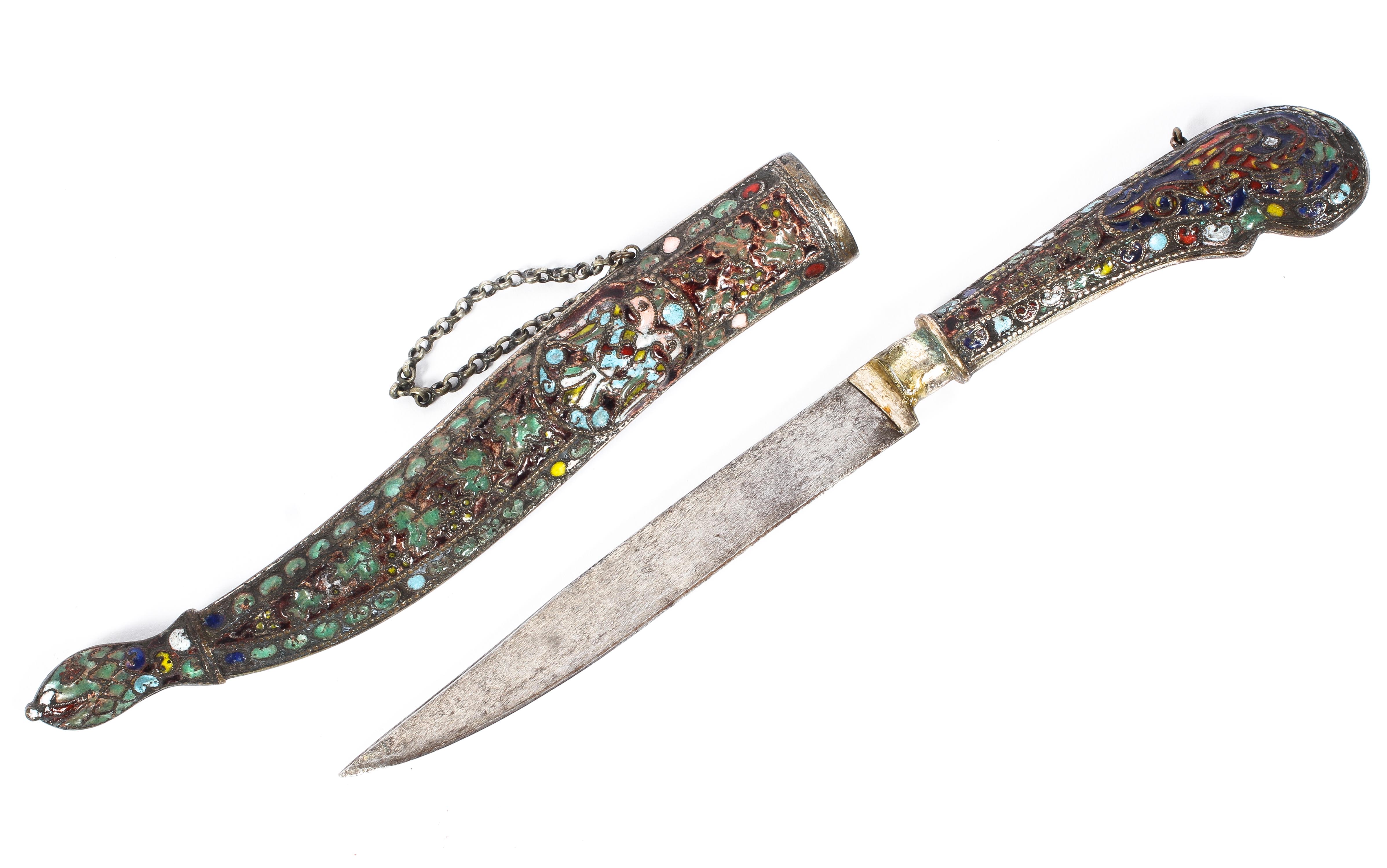 A mid 20th Century champleve enamelled paper knife in the form of a dagger and scabbard